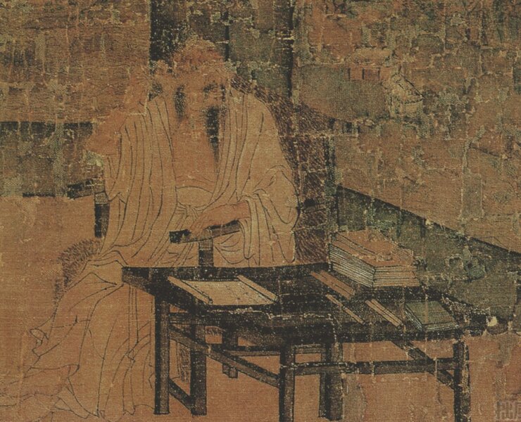 〈勘書圖〉局部，挑耳的高士。