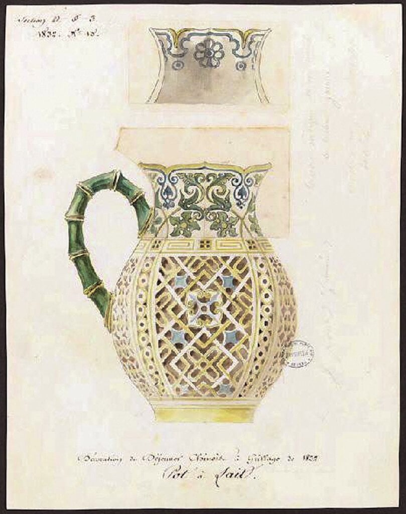 何涅於1832年所設計中式鏤空套組各種器形的稿樣,石墨構圖水彩畫填色稿。法國國立塞弗爾瓷窯廠,圖書文獻館藏。