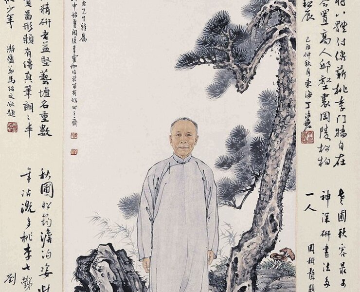 李靈伽1968年作〈曹秋圃先生像〉，88×53公分，具馬壽華、丁治磐、劉太希、周樹聲、馬紹文題詩。