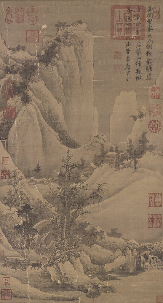 明唐寅〈函關雪霽〉軸，69.9×37.3公分，國立故宮博物院藏。