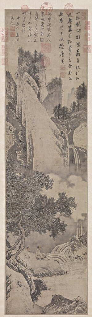 明唐寅〈觀瀑圖〉軸，103.6×30.3公分，國立故宮博物院藏。