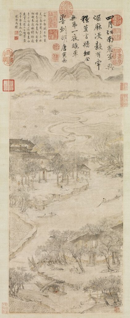 明唐寅〈江南農事〉軸，74.4×28.1公分，國立故宮博物院藏。