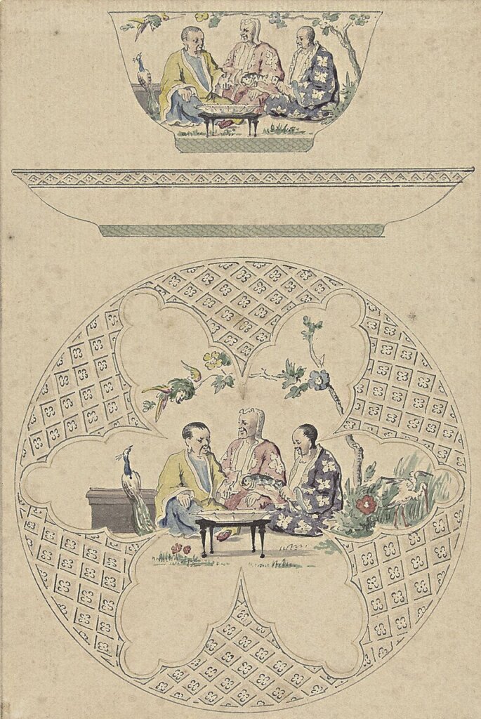 荷蘭人普龍克（Cornelis Pronk）1734～1738年〈博士紋瓷器設計稿〉，長18.7公分，寬12.6公分，荷蘭國家博物館藏。