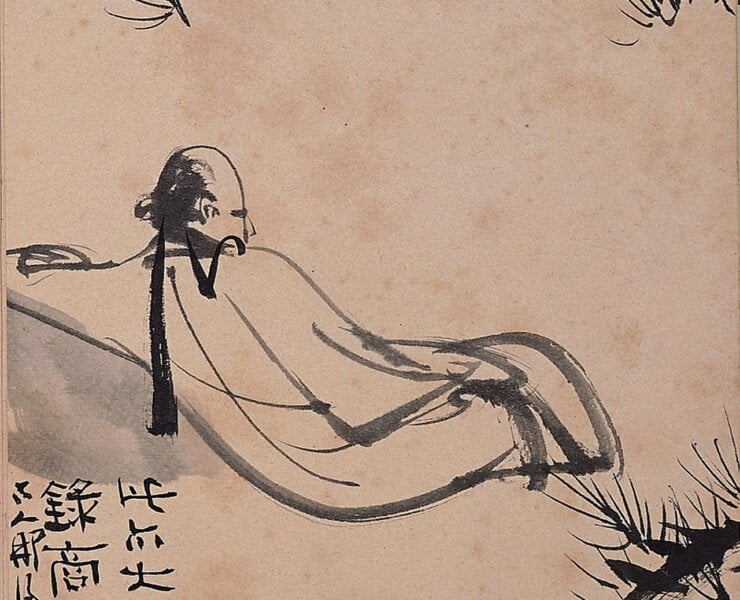 張大千1960年〈大千狂塗〉之「松下高士」，紙本水墨冊頁，24×36公分，國立歷史博物館藏。