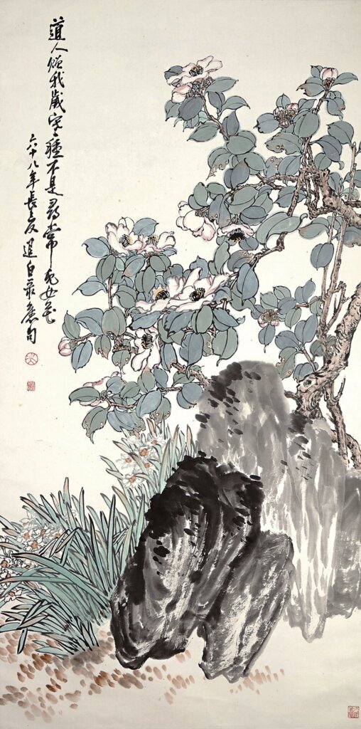 吳學讓1979年作〈梔子水仙〉，137×68公分。