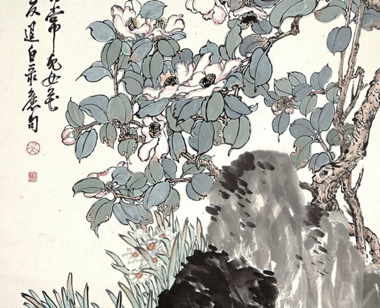 吳學讓1979年作〈梔子水仙〉，137×68公分。