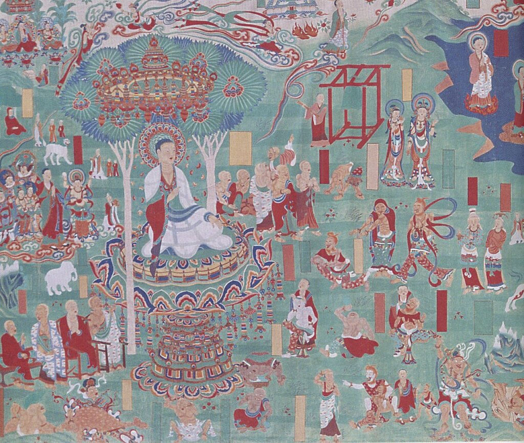 張大千約1942年〈晚唐勞度叉鬥聖經變圖〉，局部，水墨設色布本，345×925公分，成都四川博物院藏。圖26 張大千約1942年〈盛唐觀無量壽經變圖〉，水墨設色布本，265.5×315公分，成都四川博物院藏。