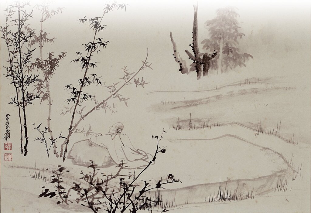 張大千〈八德園小景〉之「八德園觀竹」，27.2×39.8公分，國立歷史博物館藏。