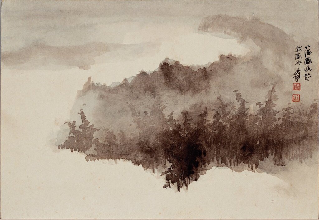 張大千〈八德園小景〉之「八德園曉景」，紙本水墨設色鏡片，27.2×39.8公分，國立歷史博物館藏。