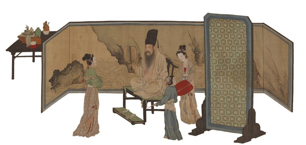唐寅〈韓熙載夜宴圖〉卷，重慶中國三峽博物館藏。圖為卷首韓熙載坐像與仕女局部。 圖10 唐寅〈韓熙載夜宴圖〉卷，重慶中國三峽博物館藏。圖為「觀舞」局部。