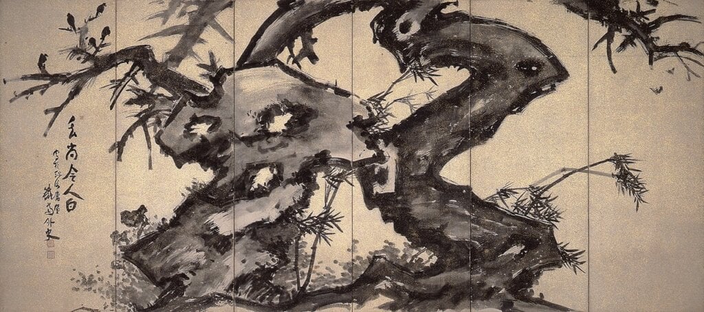富岡鐵齋〈古木圖屏風〉，日本大和文華館藏。