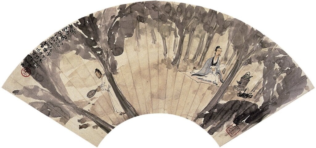 傅抱石1962年7月〈煮茶圖〉扇面,紙本設色,19.8×55.3公分,南京博物院藏。