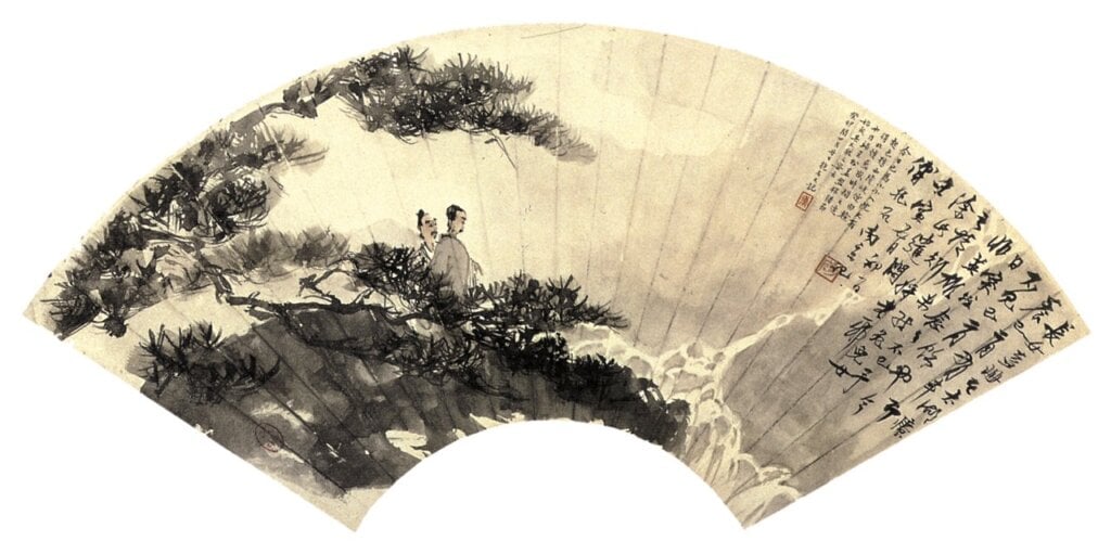 傅抱石1962年6月〈二老觀瀑圖〉扇面,紙本設色,21×55公分,美國克里夫蘭藝術博物館藏。