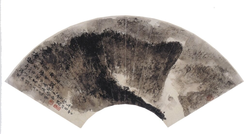 傅抱石1963年6月〈西陵峽〉扇面,紙本設色,26×54公分,私人藏。