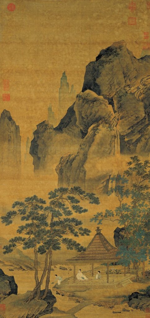 明仇英〈松亭試泉〉軸，國立故宮博物院藏。 右
