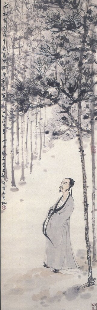 傅抱石1964年4月〈杜甫詩意圖〉軸,紙本設色,125×37公分,私人藏。