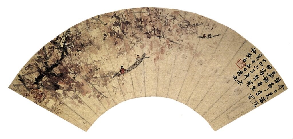 傅抱石1963年6月〈春江泛舟圖〉扇面,紙本設色,13.5×42.5公分,美國克里夫蘭藝術博物館藏。