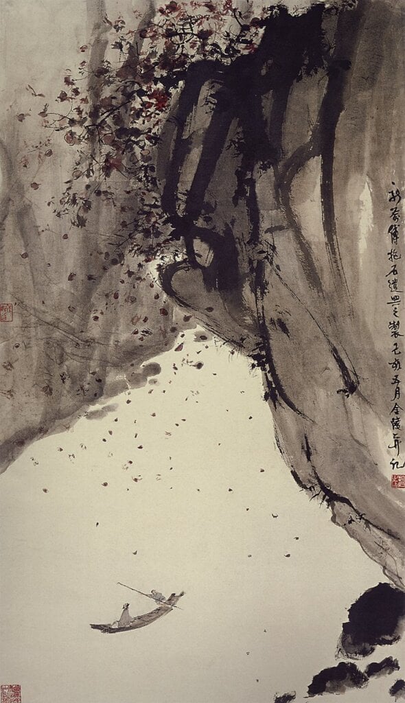 傅抱石1959年6月〈西風吹下紅雨來〉軸,紙本設色,105.5×60.5公分,遼寧美術出版社藏。