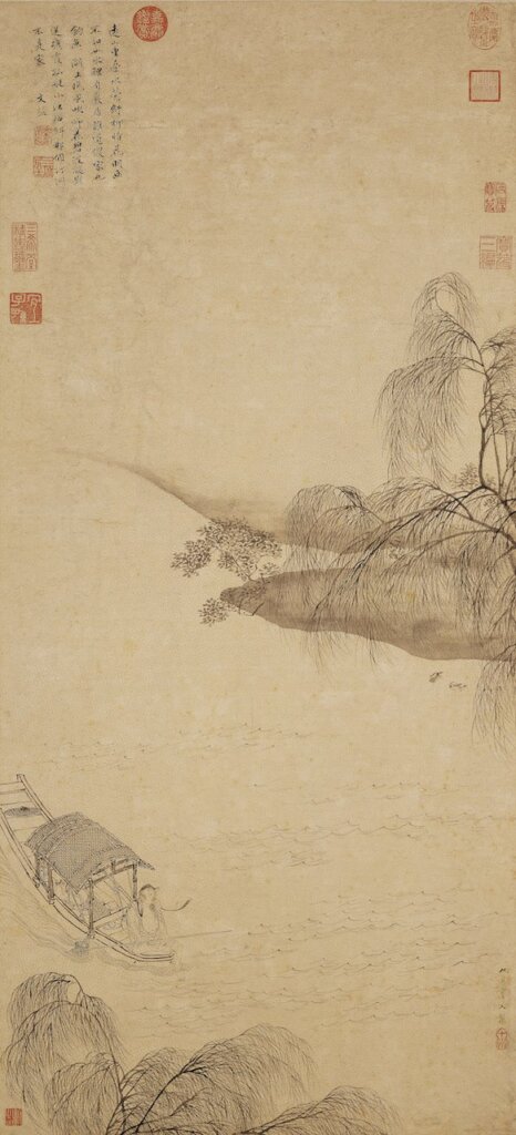 明仇英〈柳塘漁艇〉軸，國立故宮博物院藏。