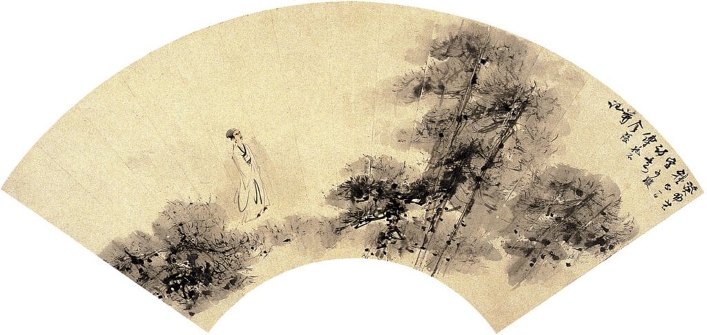 傅抱石1963年6月〈少陵詩意圖〉扇面,紙本設色,18.6×51.4公分,南京博物院藏。