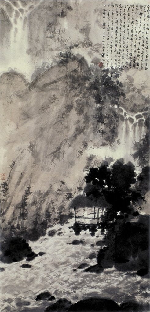 傅抱石1963年6月〈日日憑欄洗耳聽〉軸,紙本設色,110.5×52.8公分,私人藏。