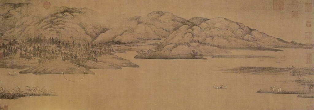 吳湖帆1947年〈古樹連雲碧〉。    			                   圖1-2  五代董源〈瀟湘圖〉局部，北京故宮藏。