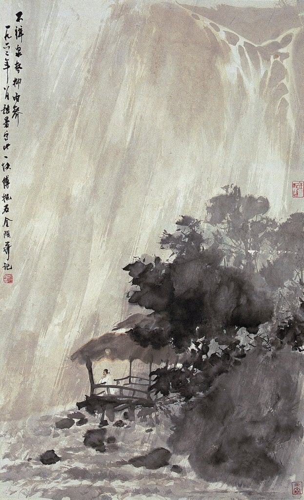 傅抱石1962年8月〈不辨泉聲抑雨聲〉軸,紙本設色,81.8×49.6公分,南京博物院藏。