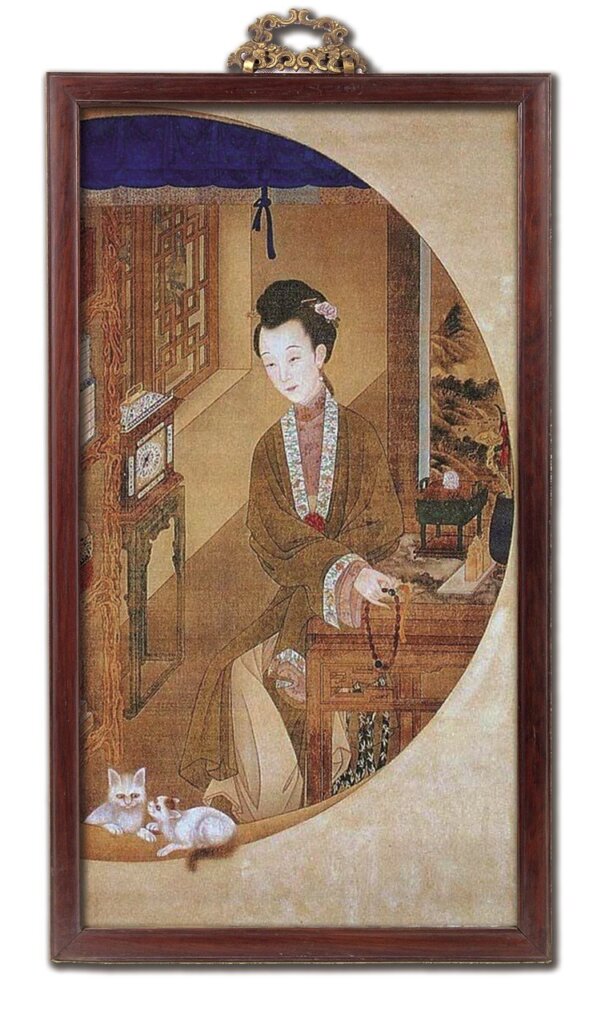 雍正〈十二美人圖．捻珠觀貓〉。經美術合成設計，原為畫軸。