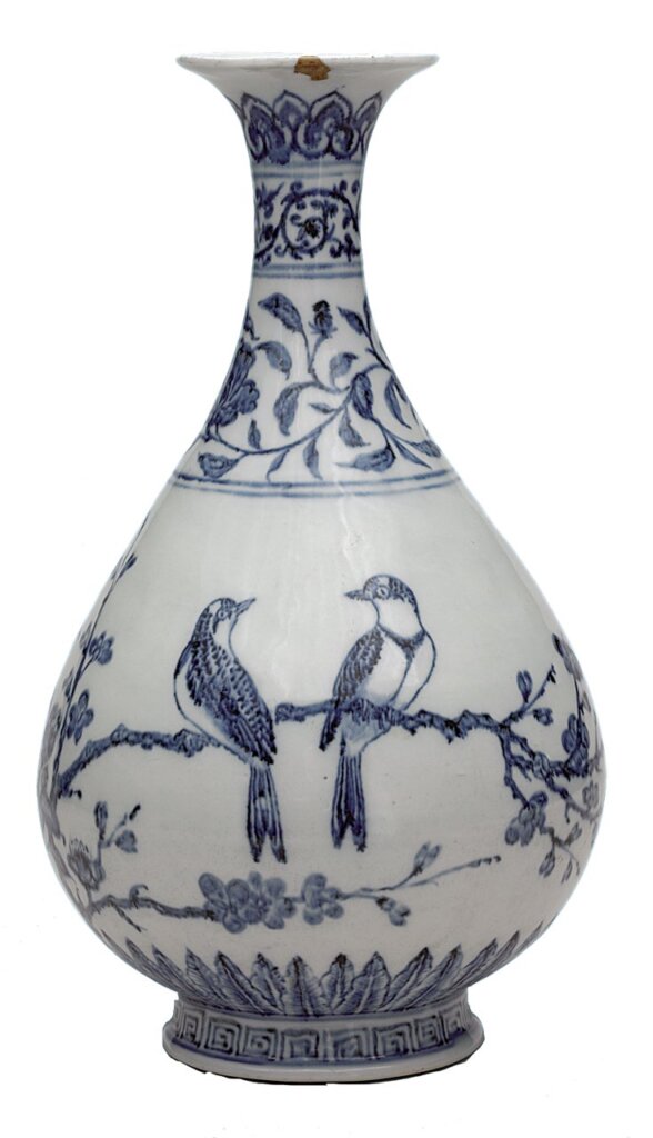 明代永樂〈青花花鳥紋玉壺春瓶〉，大英博物館藏。©The Trustees of the British Museum。