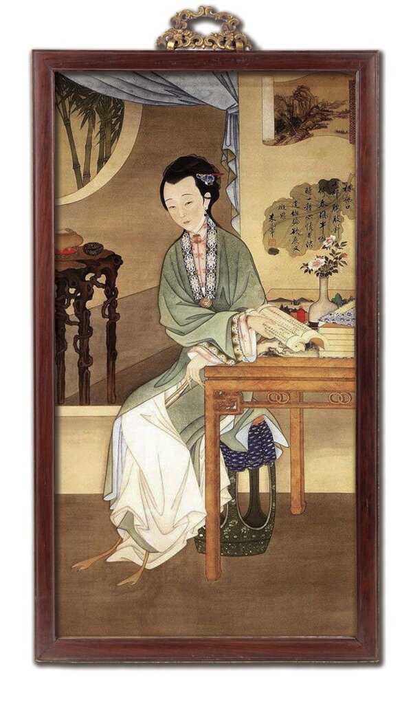 雍正〈十二美人圖．撫書低吟〉。經美術合成設計，原為畫軸。