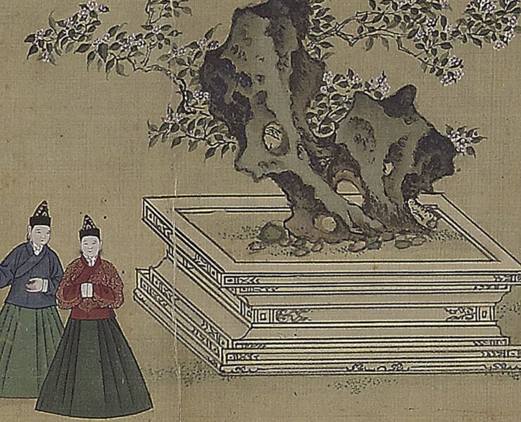 〈四季賞玩圖〉（左）與〈明憲宗元宵行樂圖卷〉（右），宮女與湖石畫法比較。