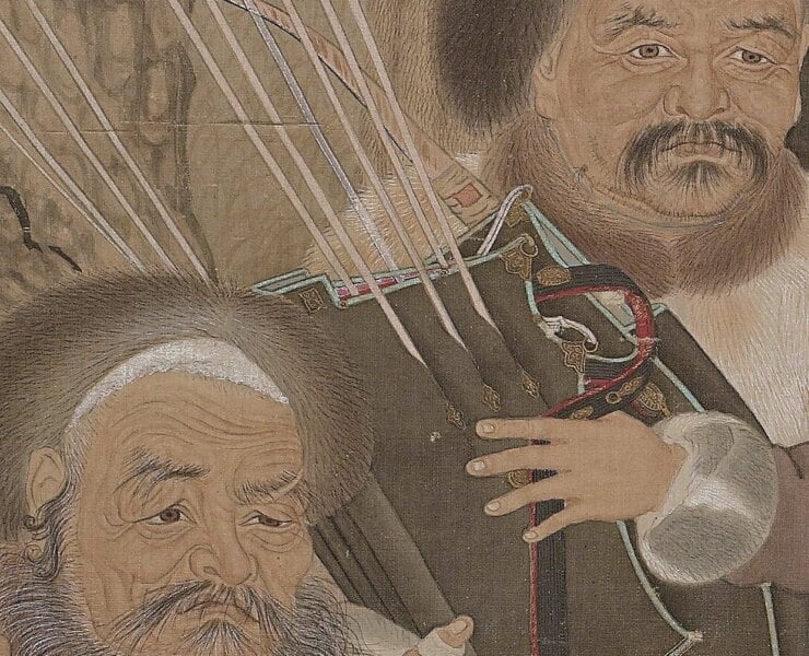 〈聖祖木蘭會親圖〉中的宮廷侍衛形象，其臉上的黑痣、刀疤等均作了細緻描繪。