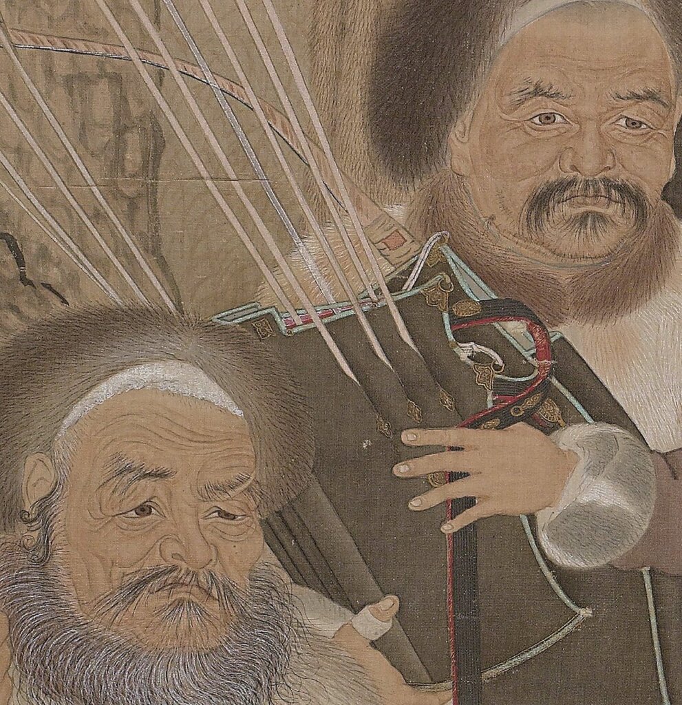〈聖祖木蘭會親圖〉中的宮廷侍衛形象，其臉上的黑痣、刀疤等均作了細緻描繪。