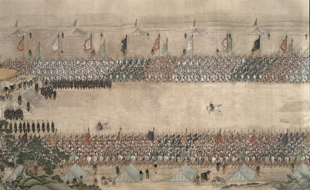 清代約1769年〈乾隆南巡圖．閱兵〉，局部，法國吉美博物館藏。