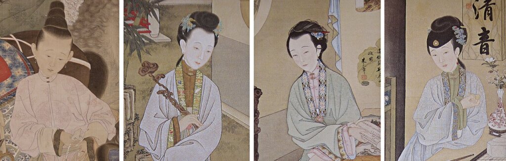 〈聖祖木蘭會親圖〉中妃子形象（左一）與〈雍正十二美人圖〉中妃子形象（右三）對比。