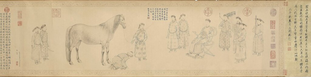 清郎世寧1748年〈準噶爾貢馬圖〉，法國巴黎布朗利河岸博物館藏。