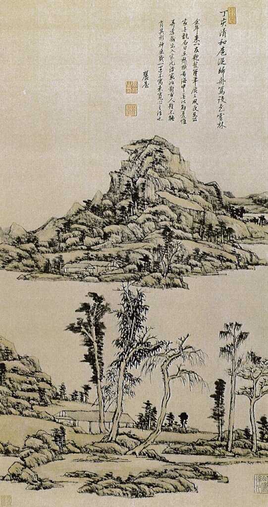 明董其昌〈仿古山水冊〉其中一開〈仿倪瓚山水〉，美國納爾遜阿特金斯美術館藏。