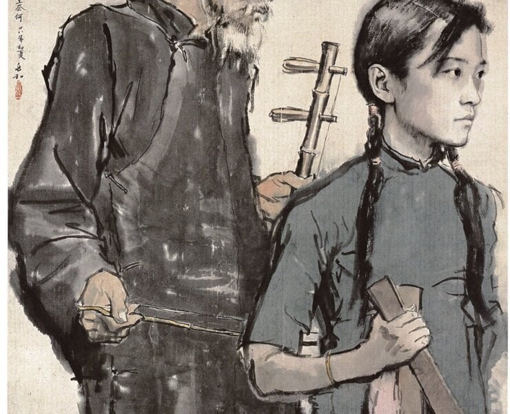 蔣兆和1939年作〈老父操琴豈奈何〉，107.4×79.2公分，2007年10月6日香港蘇富比成交價348萬7500港元。西班牙Ricardo Muñiz內眷舊藏。