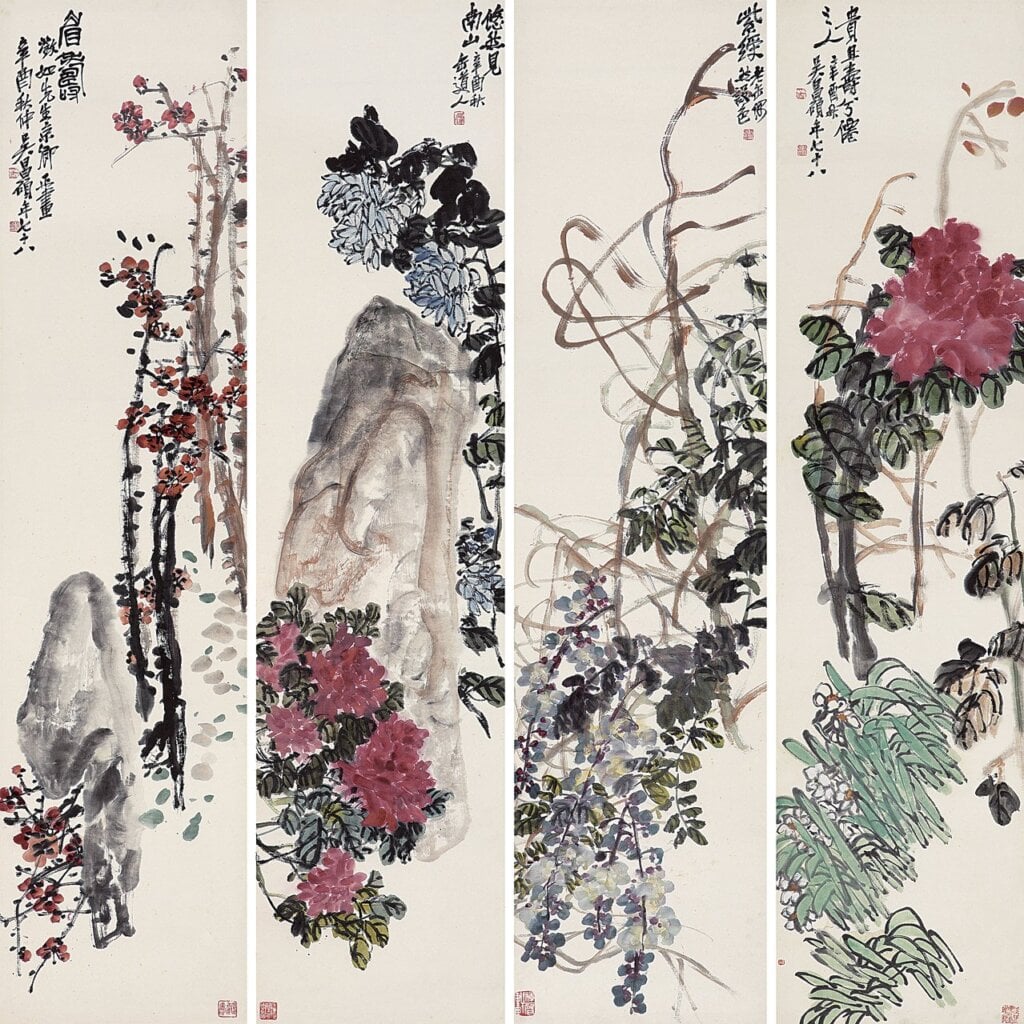 吳昌碩〈花卉四季屏〉，成交價人民幣948萬7500元。