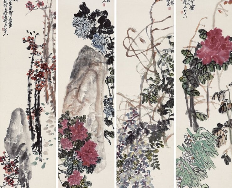 吳昌碩〈花卉四季屏〉，成交價人民幣948萬7500元。