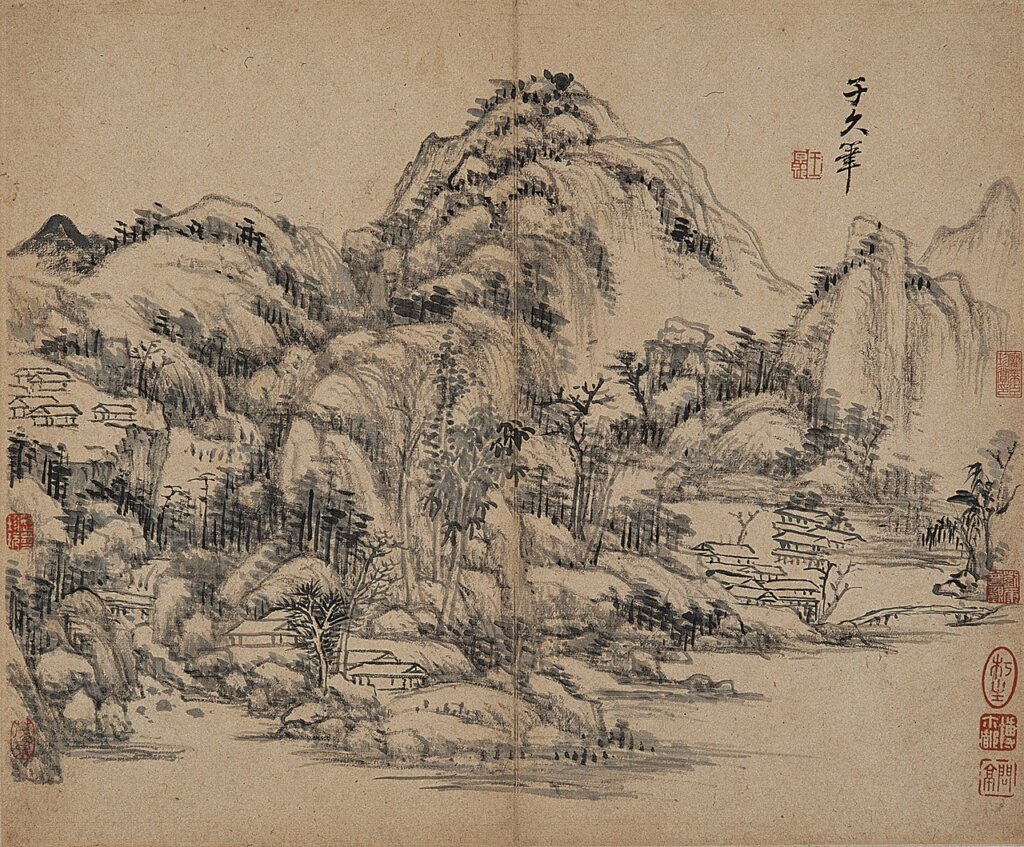 清王原祁〈仿古山水圖〉第四開「子久筆」，紙本墨筆冊頁，每開29.5×35.9公分，南京博物院藏。
