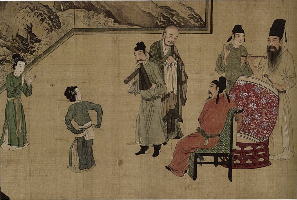 展品唐寅〈韓熙載夜宴圖〉卷，局部，重慶中國三峽博物館藏。