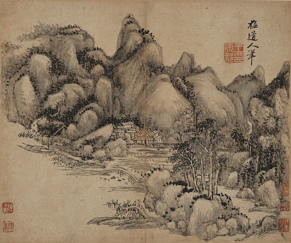 清王原祁〈仿古山水圖〉第五開「梅道人筆」，紙本墨筆冊頁，每開29.5×35.9公分，南京博物院藏。