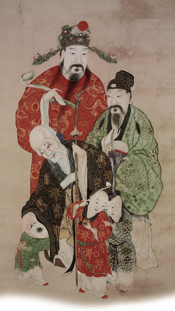 清佚名〈福祿壽三星祝壽圖〉，高113公分，寬75公分，湖北省博物館藏。