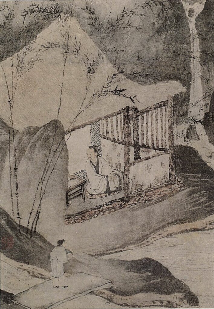 展品唐寅〈虛亭聽竹圖〉軸，局部，遼寧省博物院藏。