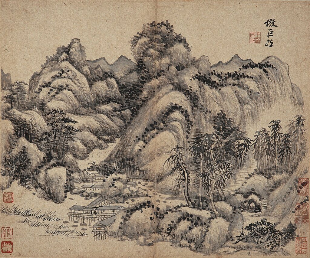清王原祁〈仿古山水圖〉第一開「仿巨然」，紙本墨筆冊頁，每開29.5×35.9公分，南京博物院藏。