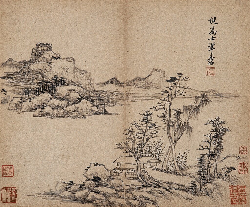 清王原祁〈仿古山水圖〉第八開「董宗伯寫盧鴻草堂圖竊仿其意」，紙本墨筆冊頁，每開29.5×35.9公分，南京博物院藏。
