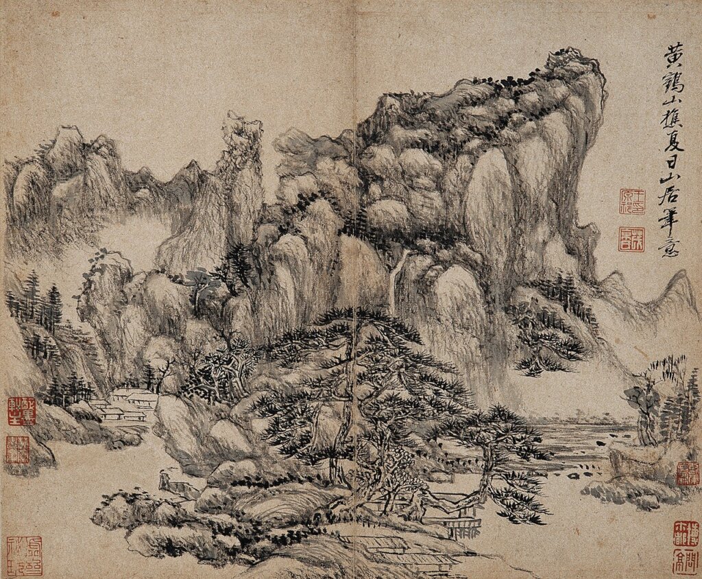 清王原祁〈仿古山水圖〉第六開「倪高士筆意」，紙本墨筆冊頁，每開29.5×35.9公分，南京博物院藏。