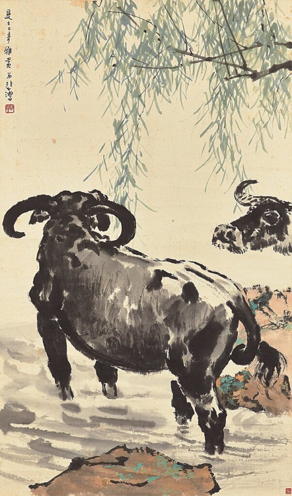 香港佳士得徐悲鴻〈水牛涉水〉，設色紙本，268.8×51.5公分，估價500萬～800萬港元，成交價1024萬港元。