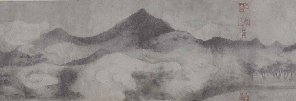 清王原祁〈仿古山水圖〉第二開「小米山水」，紙本墨筆冊頁，每開29.5×35.9公分，南京博物院藏。